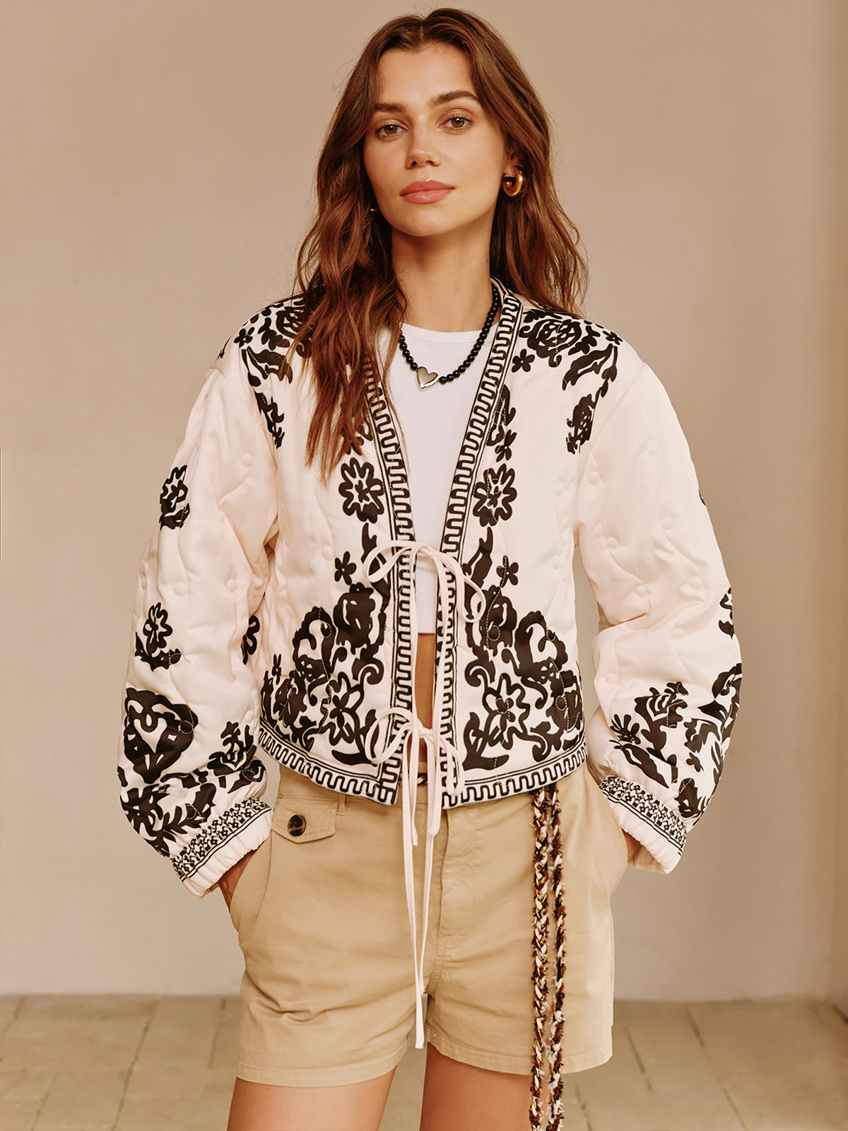 Boheme Printed Lace Up Short Jacket-Mesadic
