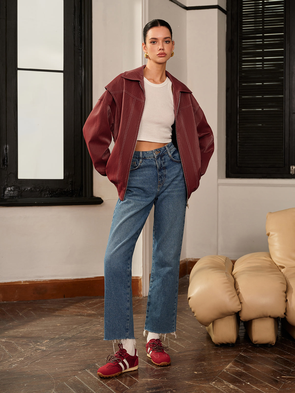 Lapel Faux Leather Biker Jacket-CALLISTARI