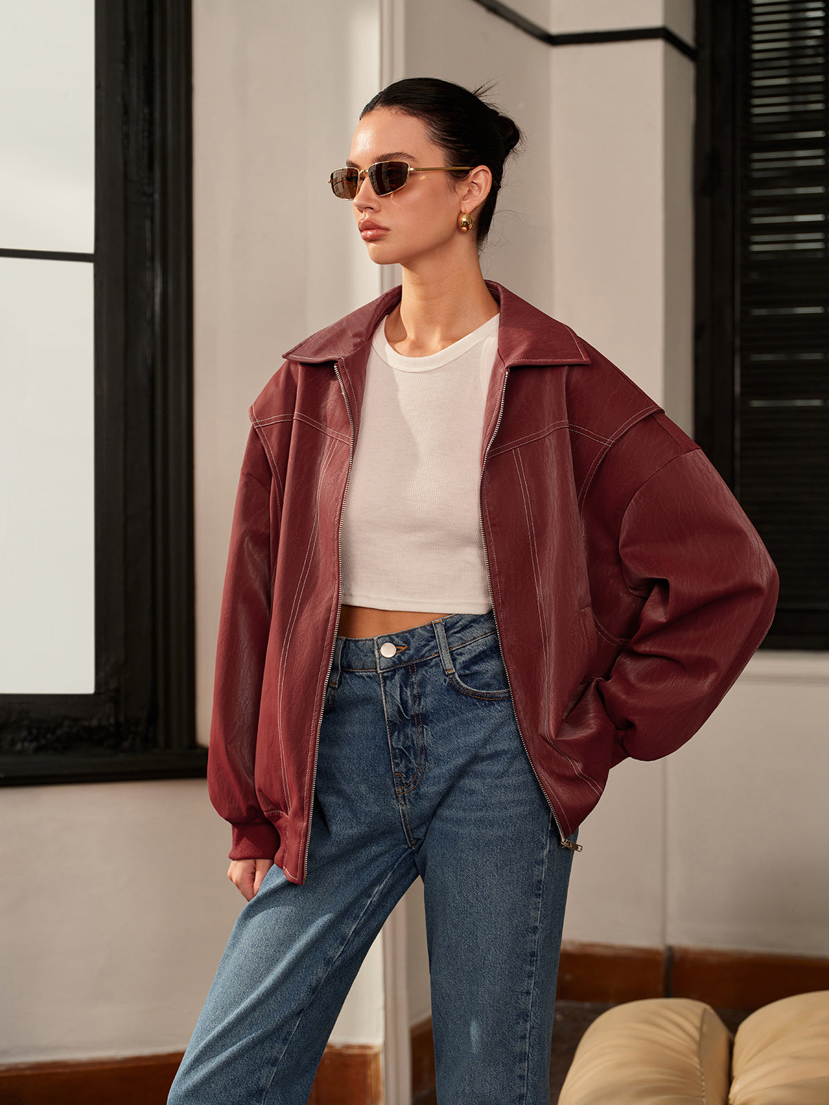 Lapel Faux Leather Biker Jacket-CALLISTARI