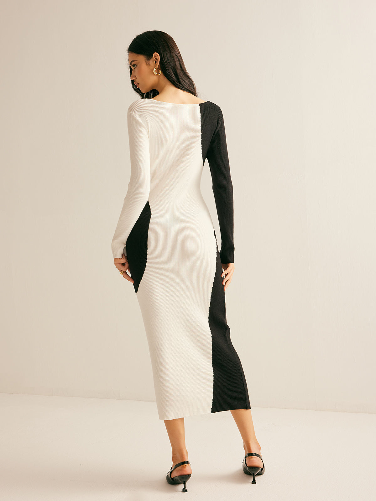 Square Neck Color Block Sweater Dress-Mesadic