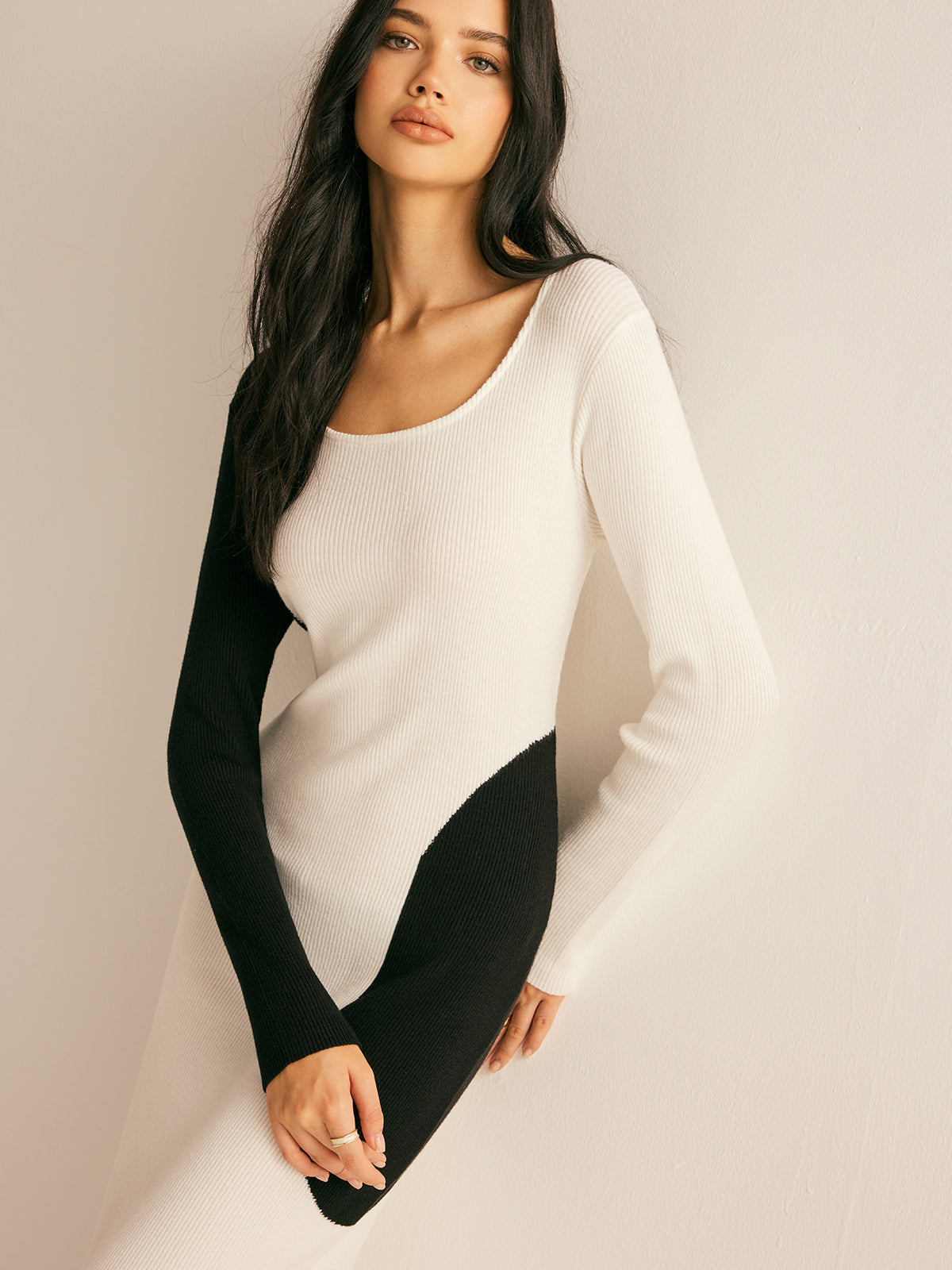 Square Neck Color Block Sweater Dress-Mesadic