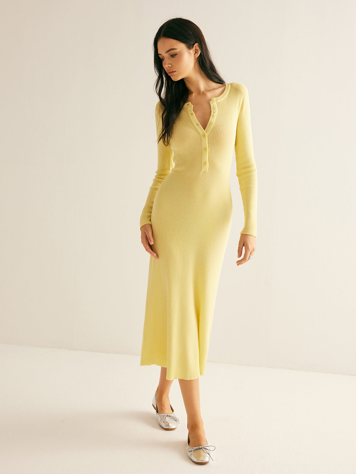 Plain Ribbed Button Sweater Slim Dress-CALLISTARI