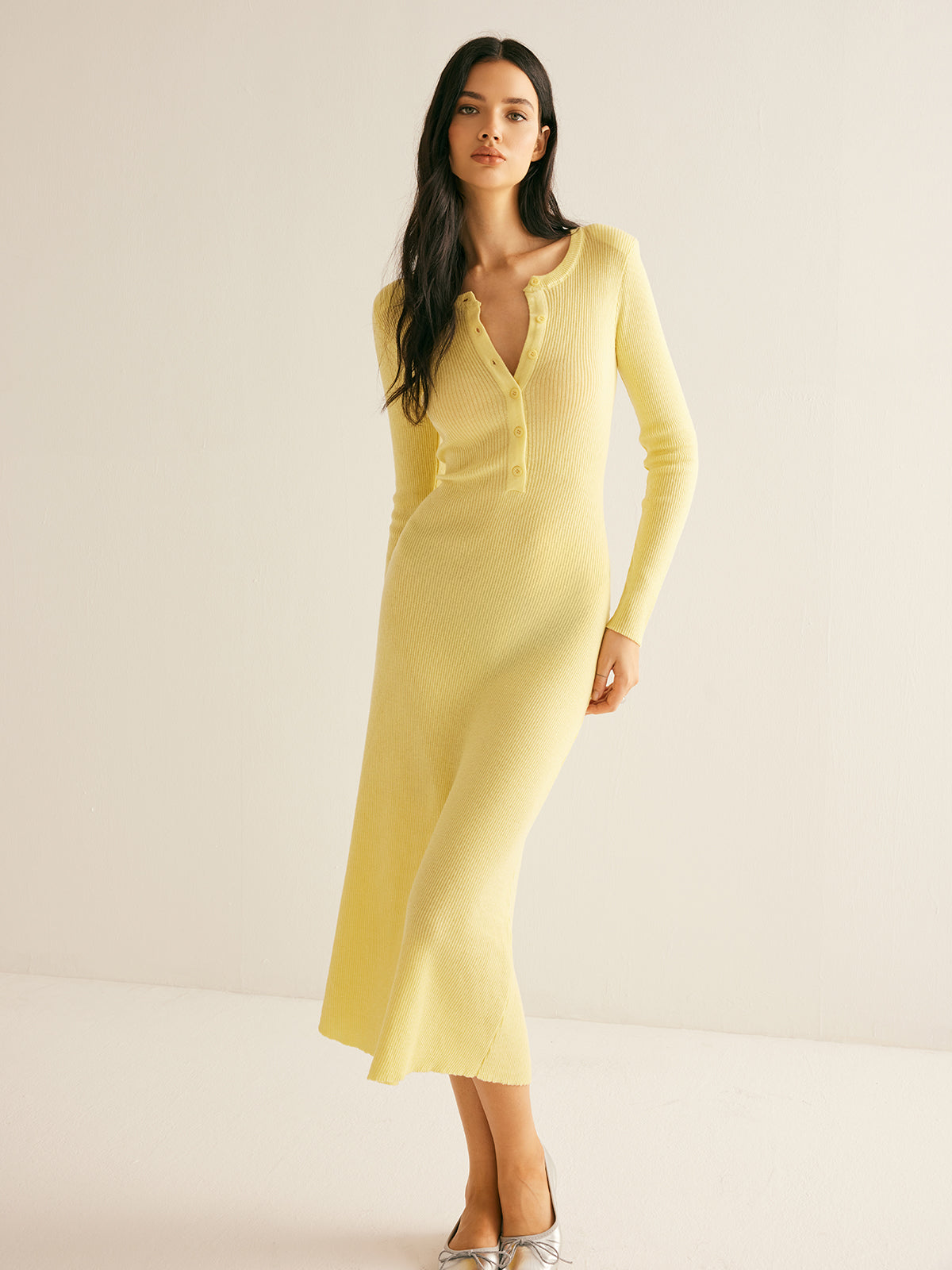 Plain Ribbed Button Sweater Slim Dress-CALLISTARI