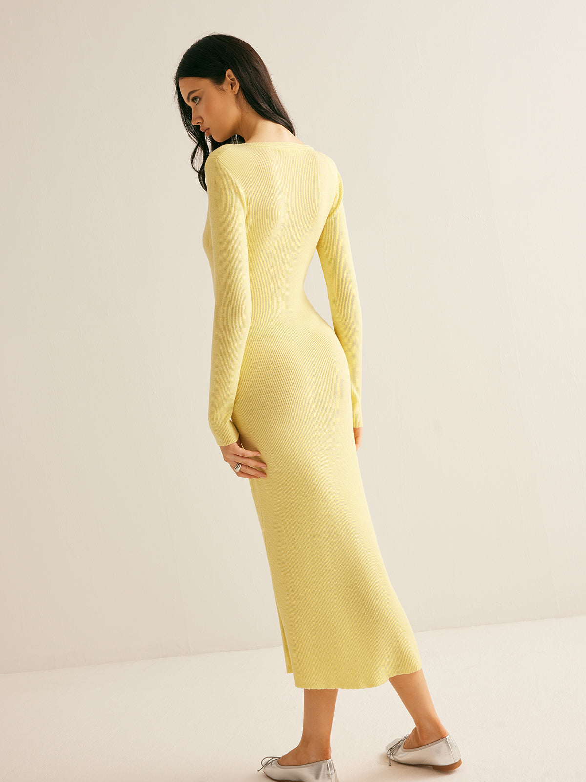 Plain Ribbed Button Sweater Slim Dress-CALLISTARI