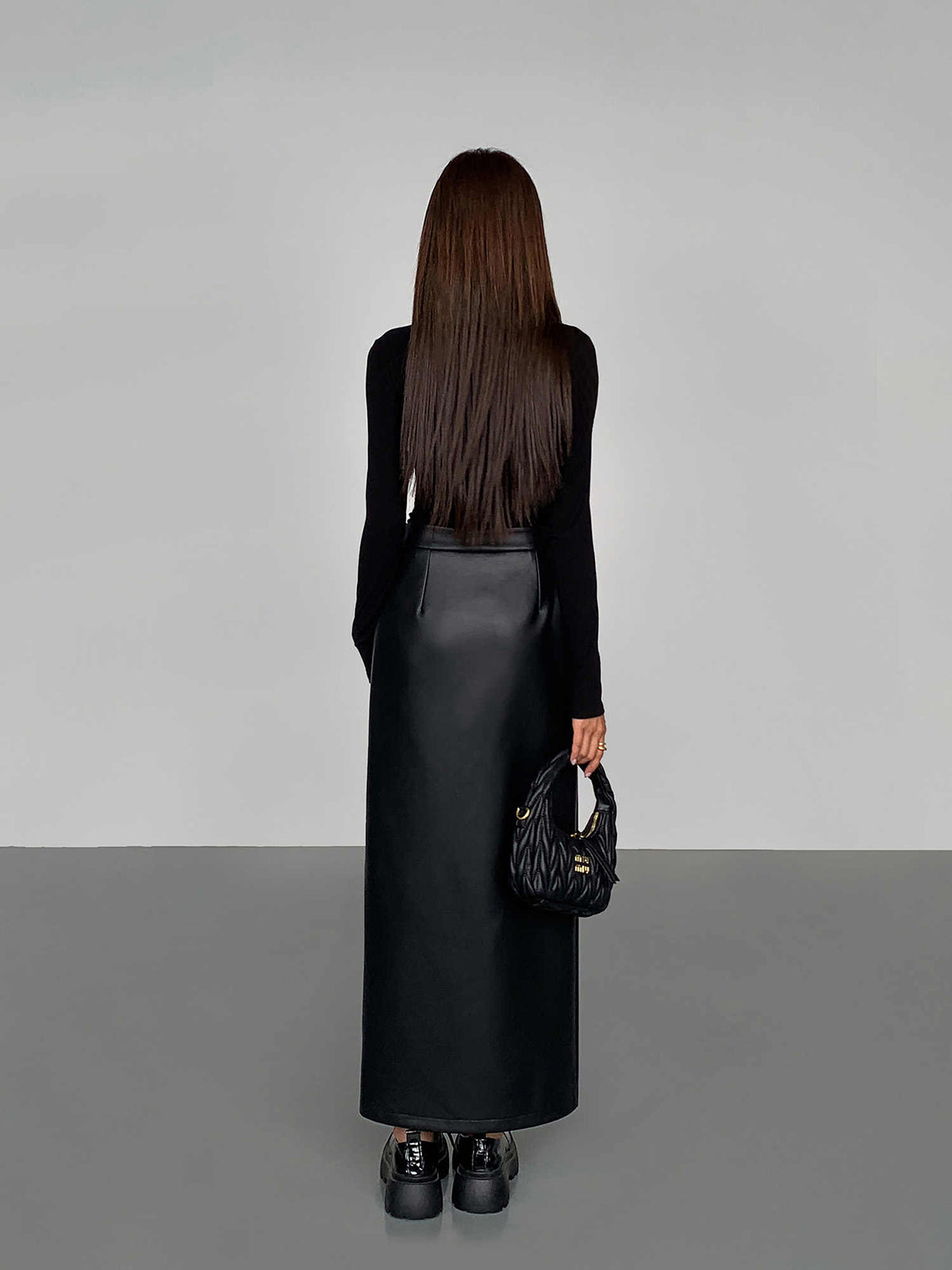 Side Split PU Leather Midi Skirt-Mesadic