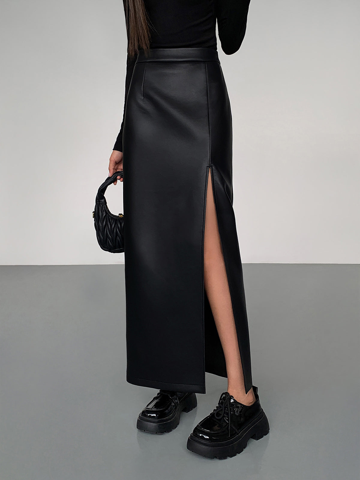 Side Split PU Leather Midi Skirt-Mesadic