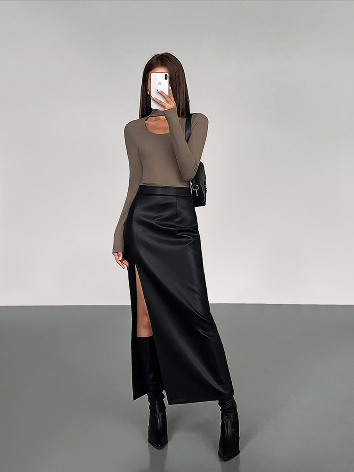 Side Split PU Leather Midi Skirt-Mesadic