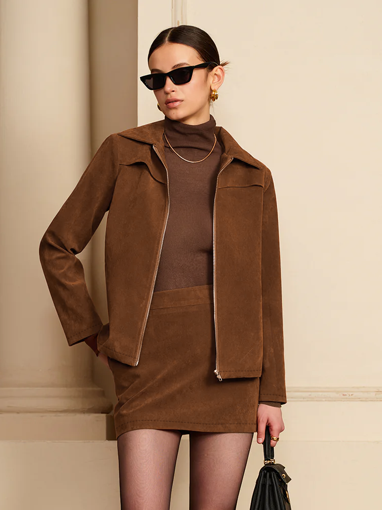 Suede Zipper Jacket With Shoulder Pads-CALLISTARI