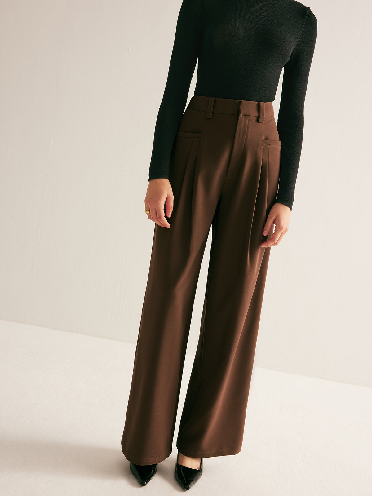 Casual Pleated Mid Waist Pants-Mesadic