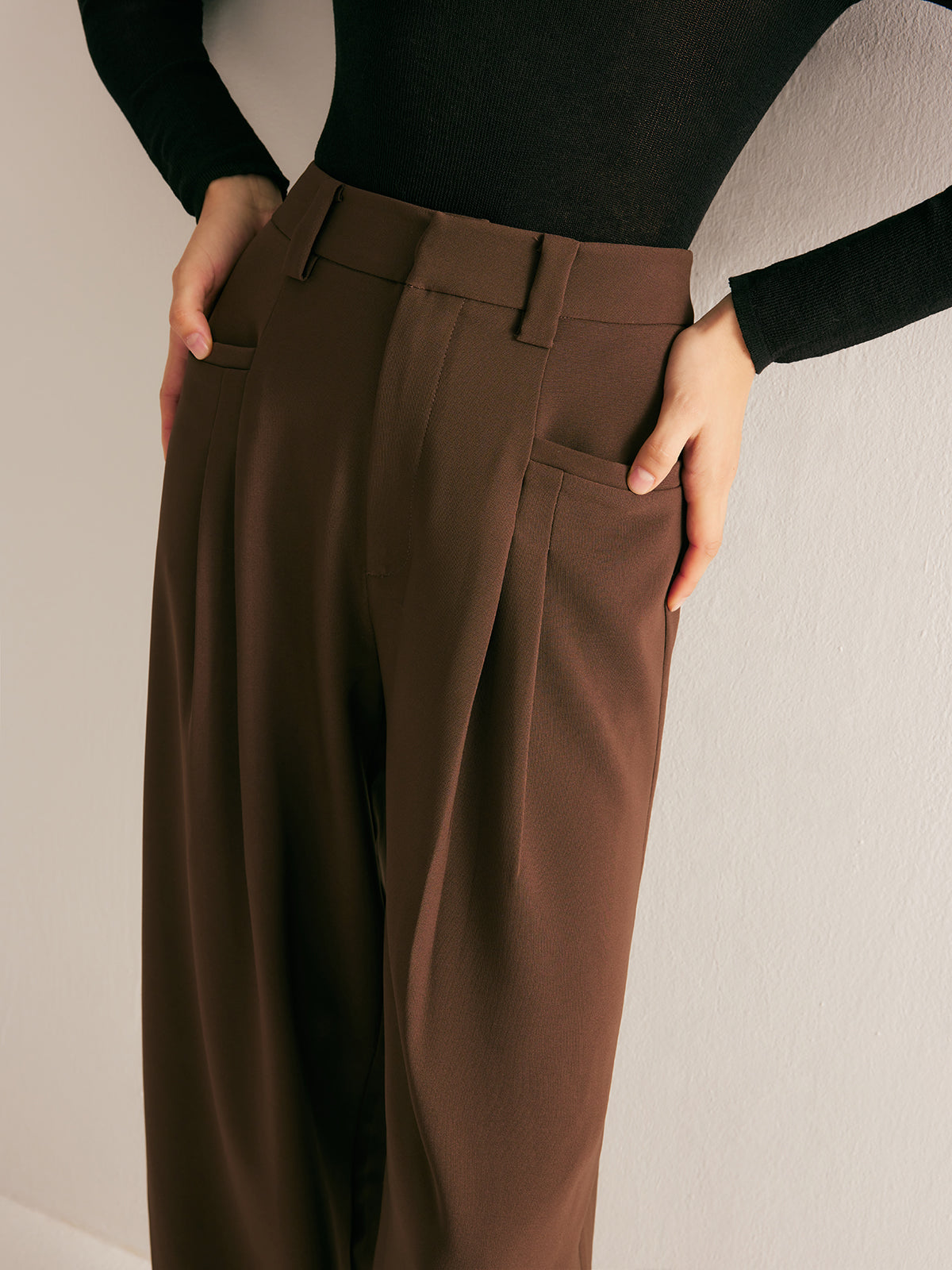 Casual Pleated Mid Waist Pants-Mesadic