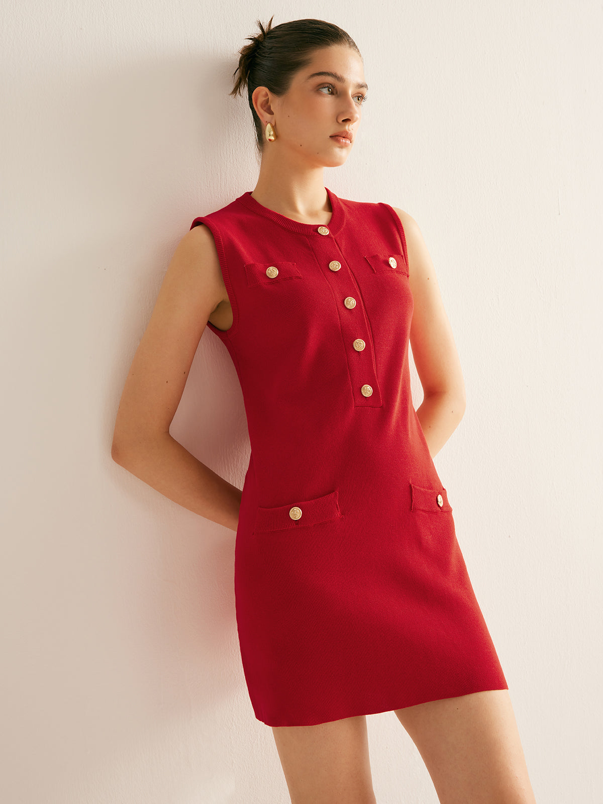 Plain Button Down Sleeveless Sweater Dress-Mesadic