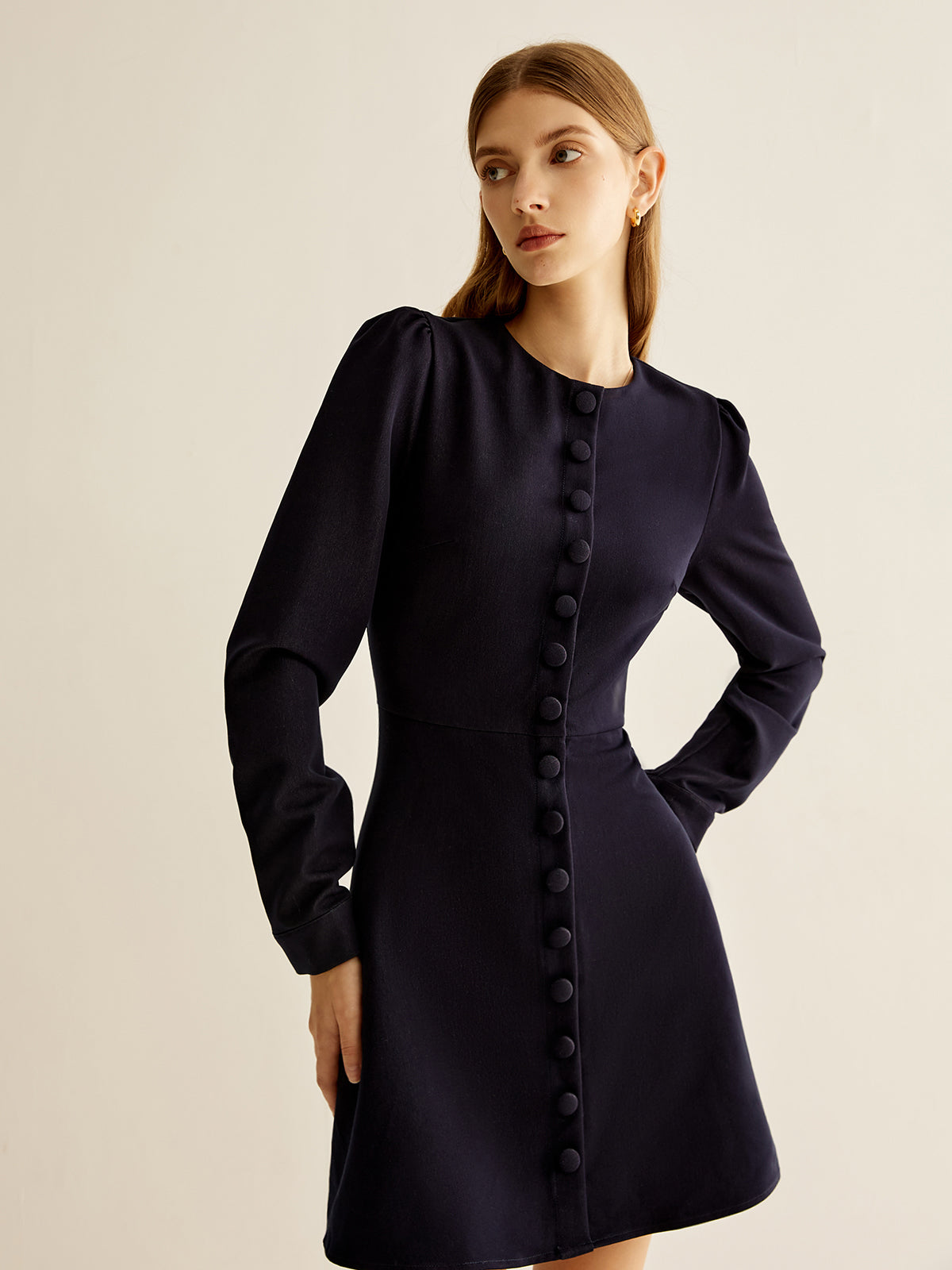 Crew Neck Breasted Slim Dress-Mesadic