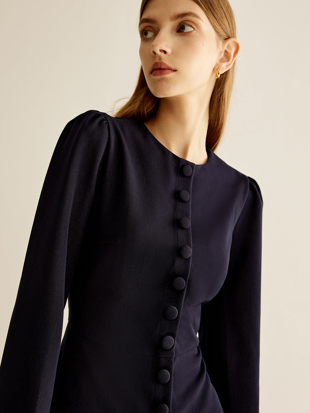 Crew Neck Breasted Slim Dress-Mesadic