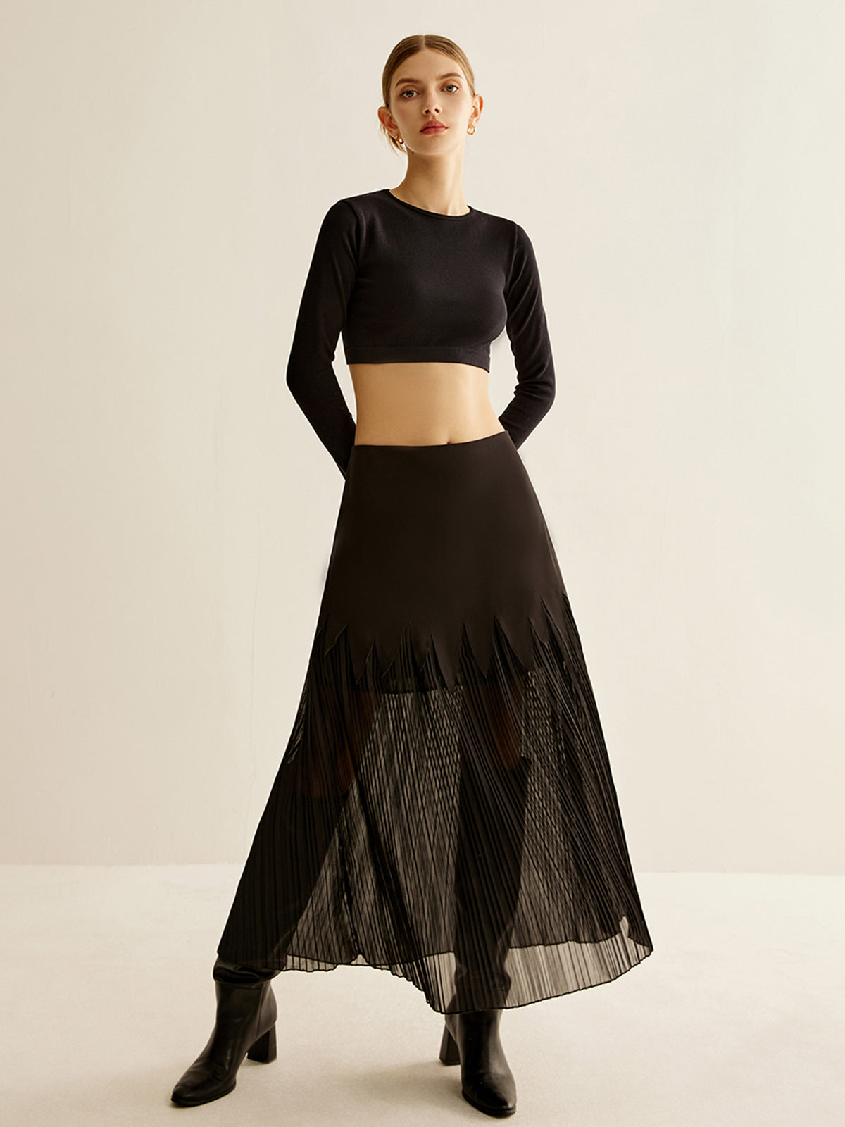 Panel Sheer Zipper Midi Skirt-Mesadic