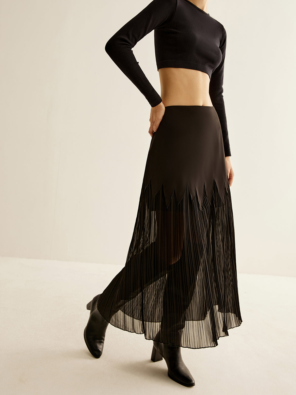 Panel Sheer Zipper Midi Skirt-Mesadic