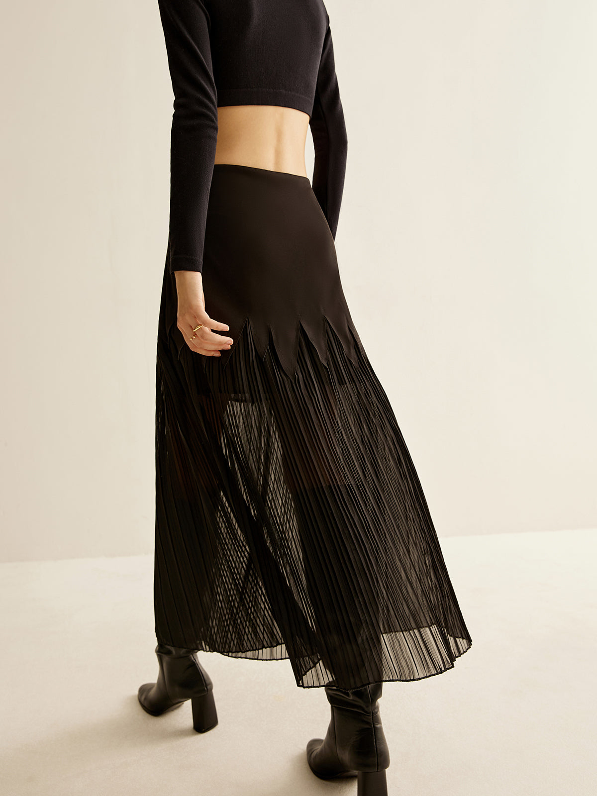 Panel Sheer Zipper Midi Skirt-Mesadic