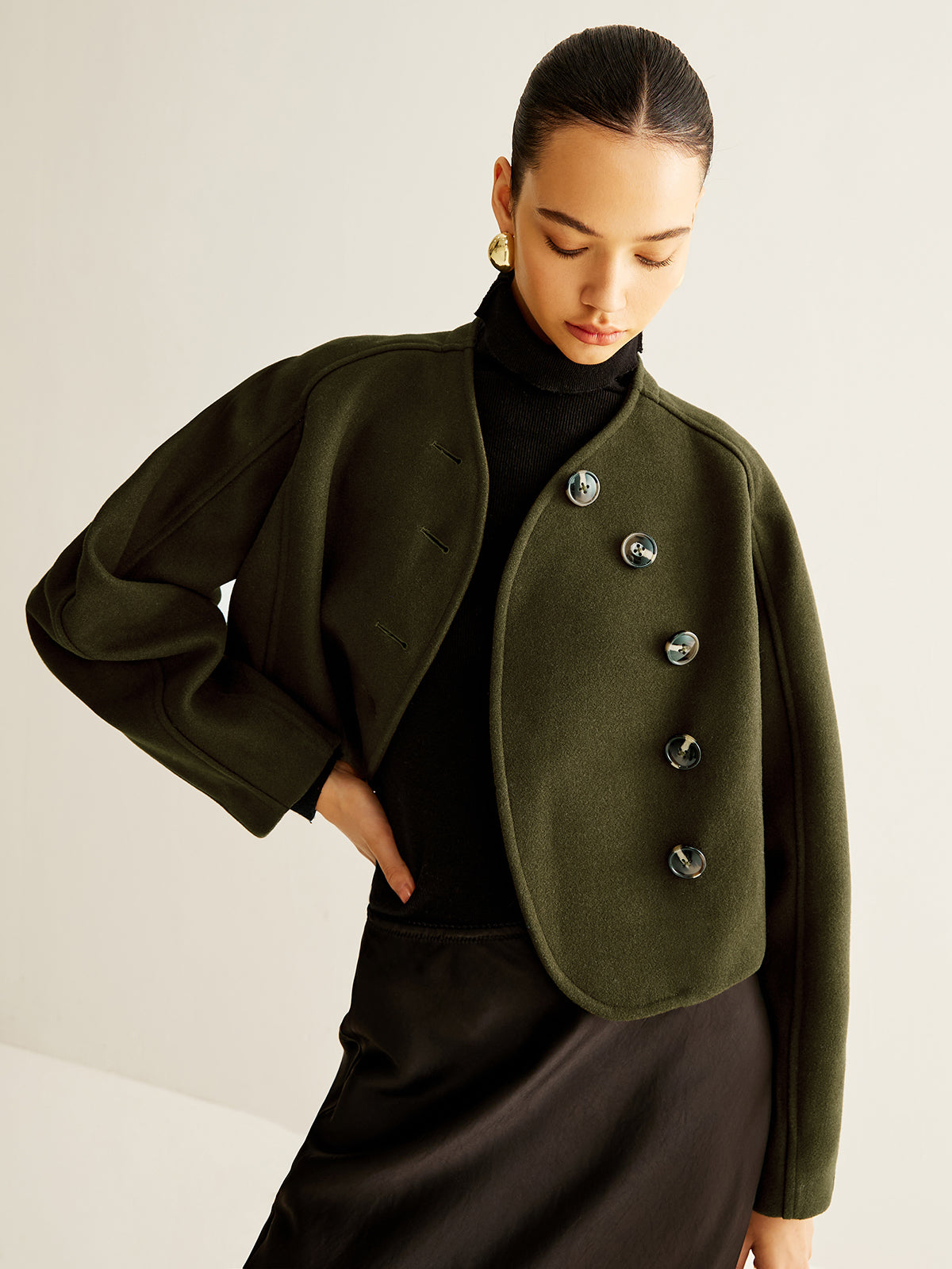 Asymmetrical Button Crop Tweed Coat-Mesadic