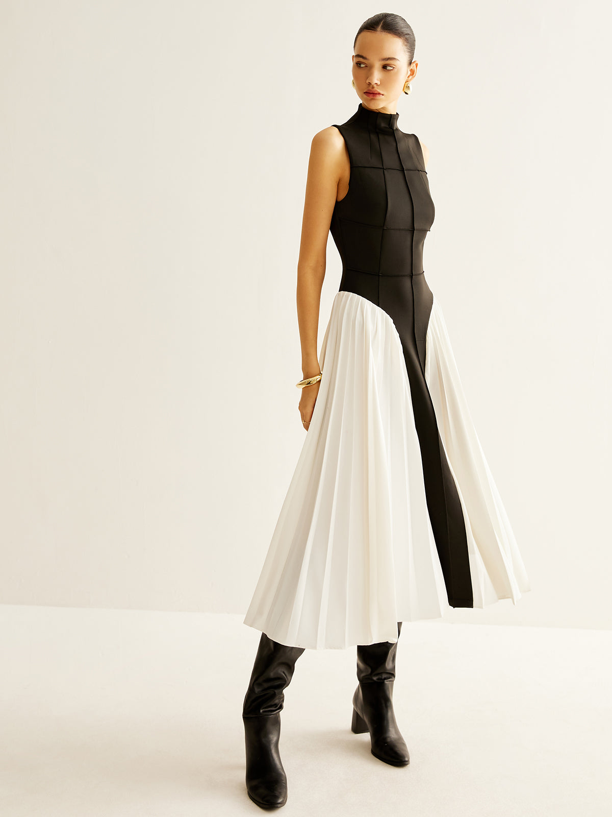 Sleeveless Color Block Pleated Dress-Mesadic