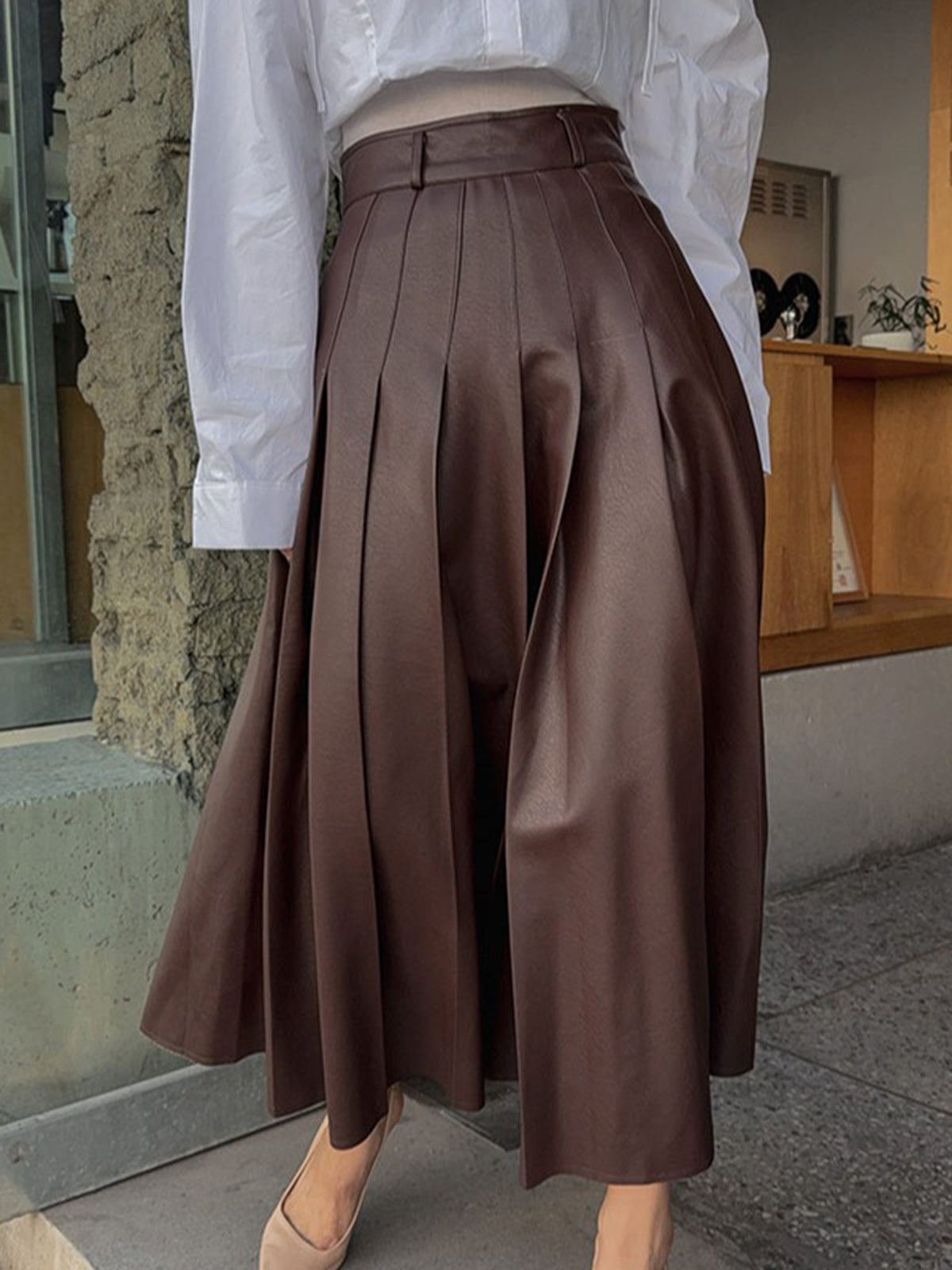 Retro Pleated PU Leather Skirt-Mesadic