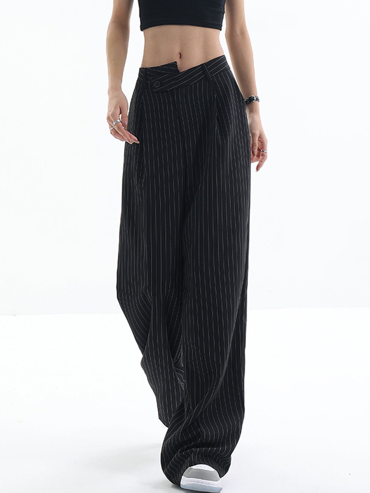 Asymmetrical High-Waist Pinstripe Pants-CALLISTARI