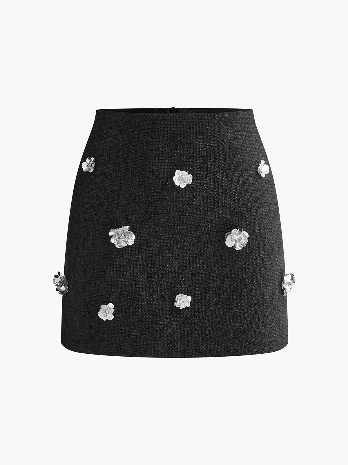 Tweed Floral-Beaded Zipper Skirt-Mesadic
