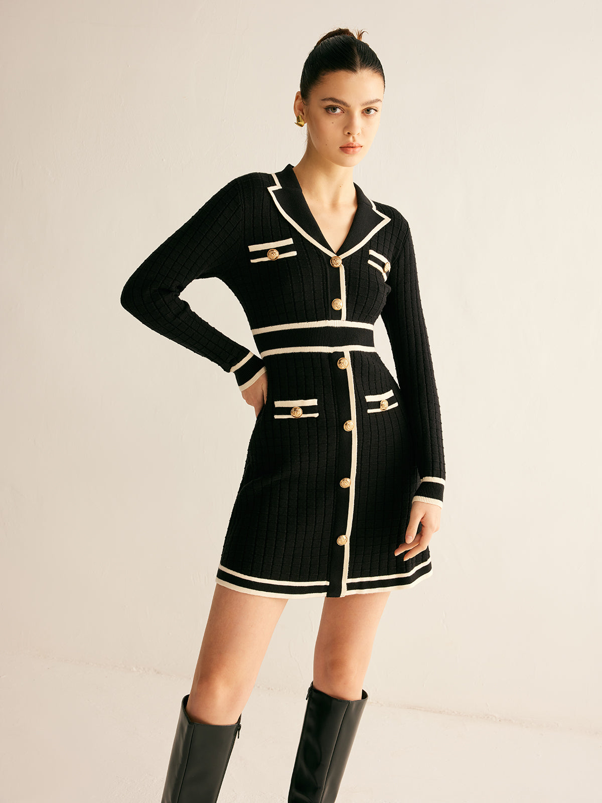 Contrast Binding Lapel Sweater Dress-Mesadic