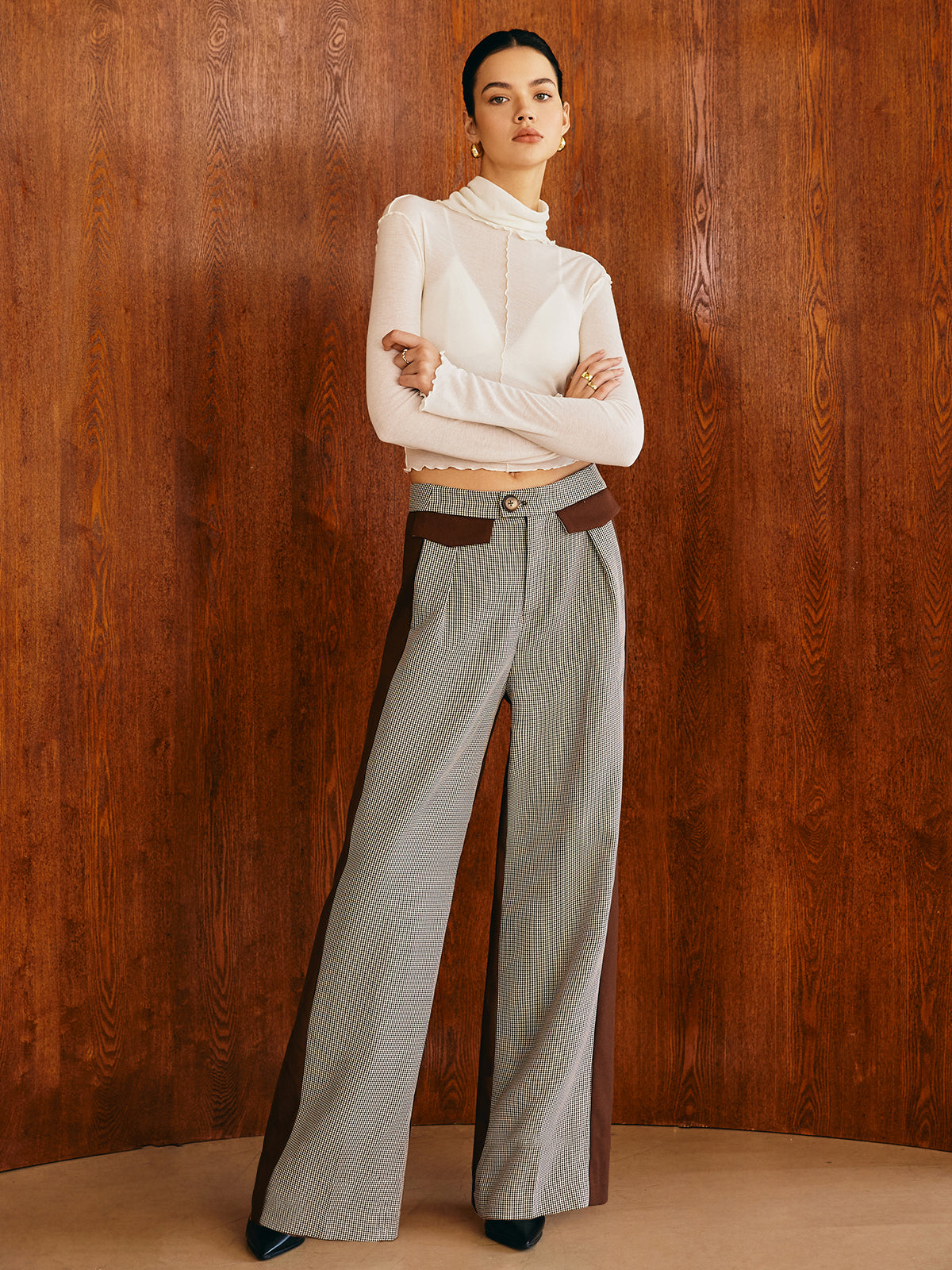 Color Block Plaid Straight Pants-Mesadic