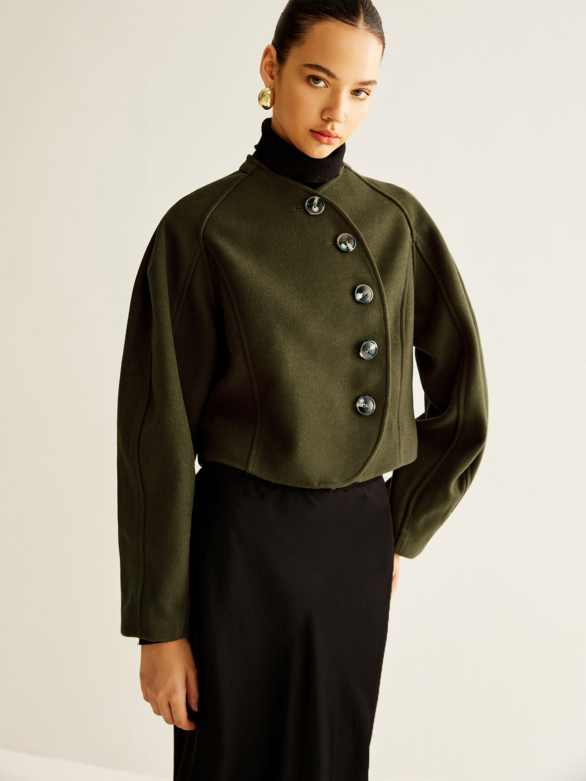 Asymmetrical Button Crop Tweed Coat-Mesadic