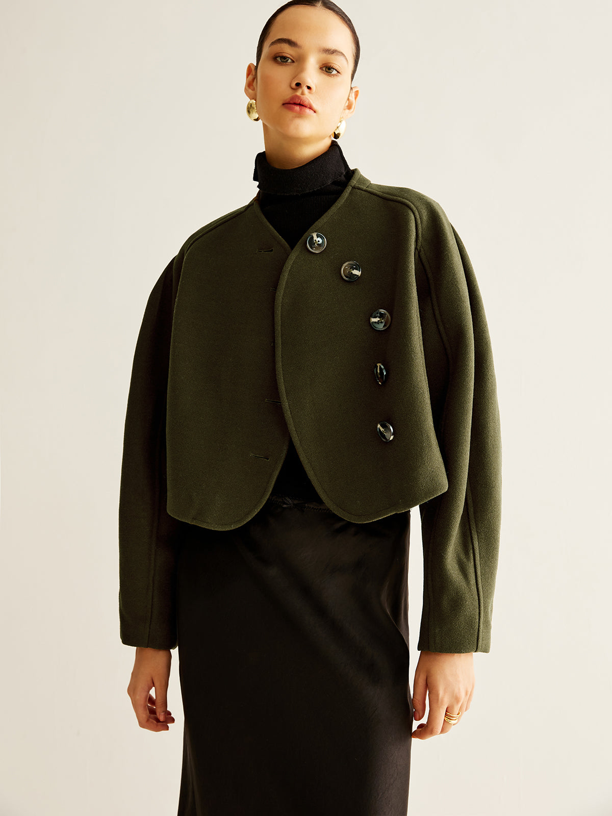 Asymmetrical Button Crop Tweed Coat-Mesadic