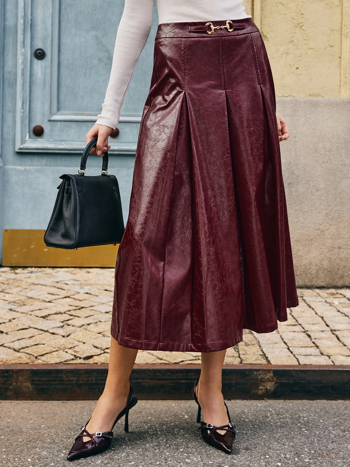 Metal-Detail Pleated Faux Leather Skirt-Mesadic