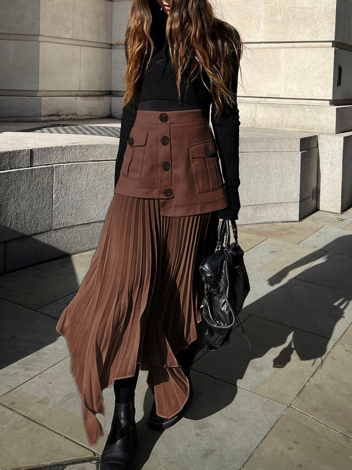 Patchwork Asymmetrical Pleated Buttoned Midi Skirt-CALLISTARI