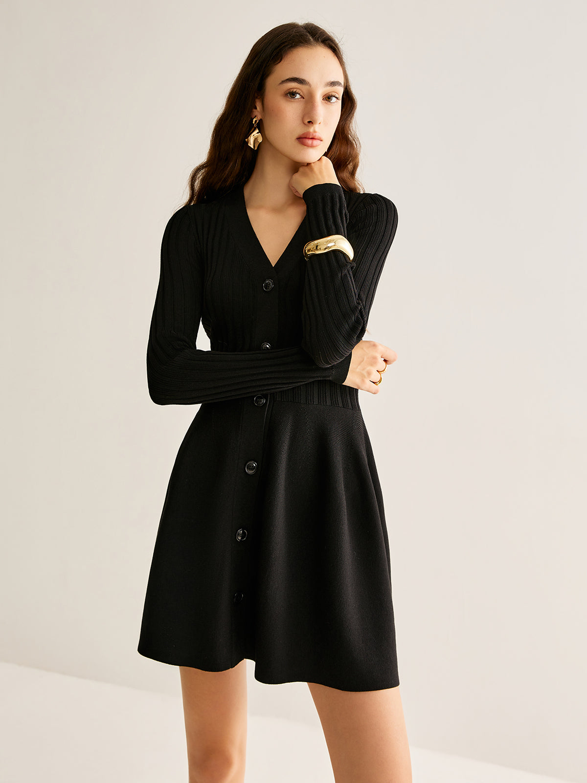 Breasted Flowy Sweater Short Dress-Mesadic
