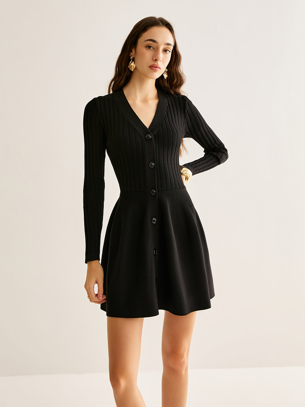 Breasted Flowy Sweater Short Dress-Mesadic