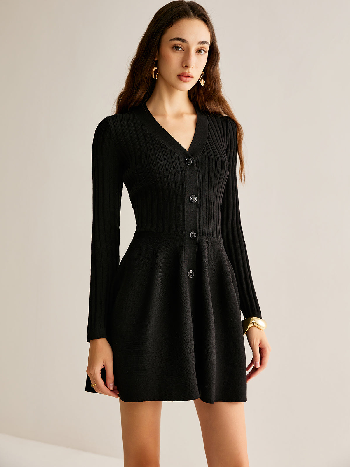 Breasted Flowy Sweater Short Dress-Mesadic