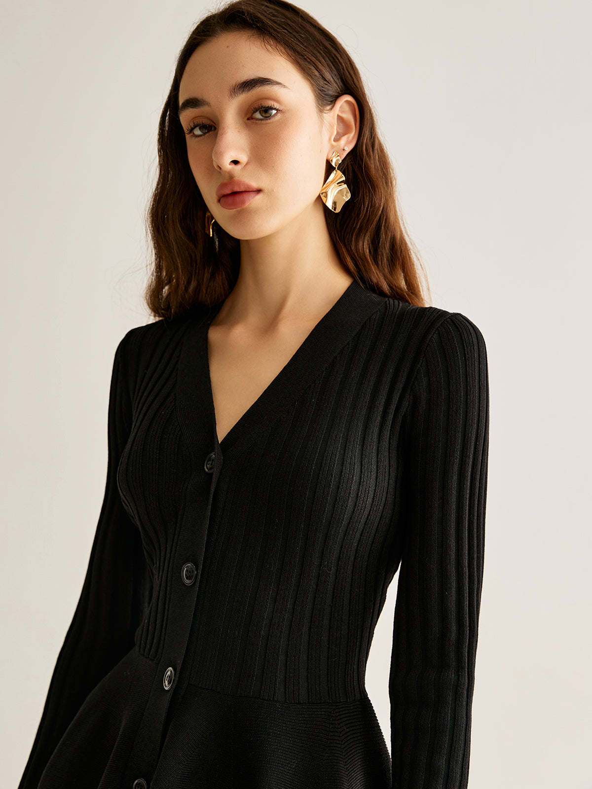 Breasted Flowy Sweater Short Dress-Mesadic