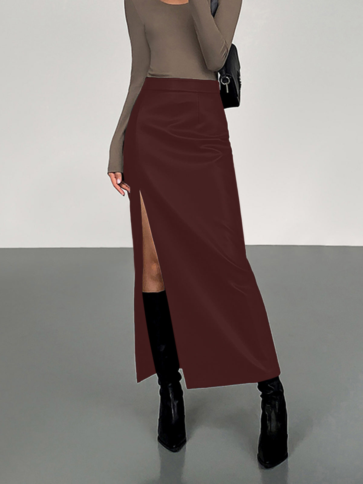 Side Split PU Leather Midi Skirt-Mesadic