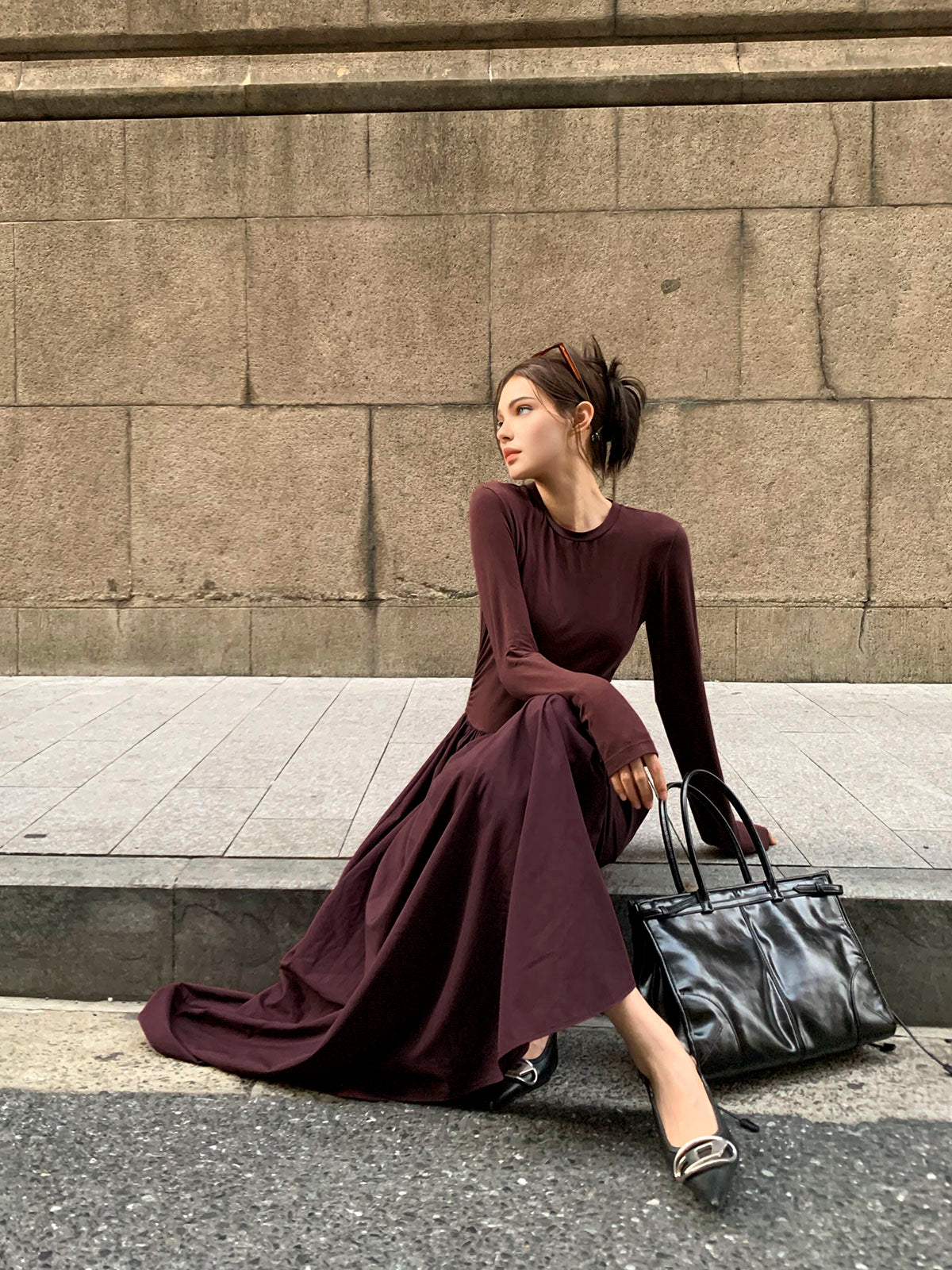 Plain Long Sleeve Pleated Dress-Mesadic