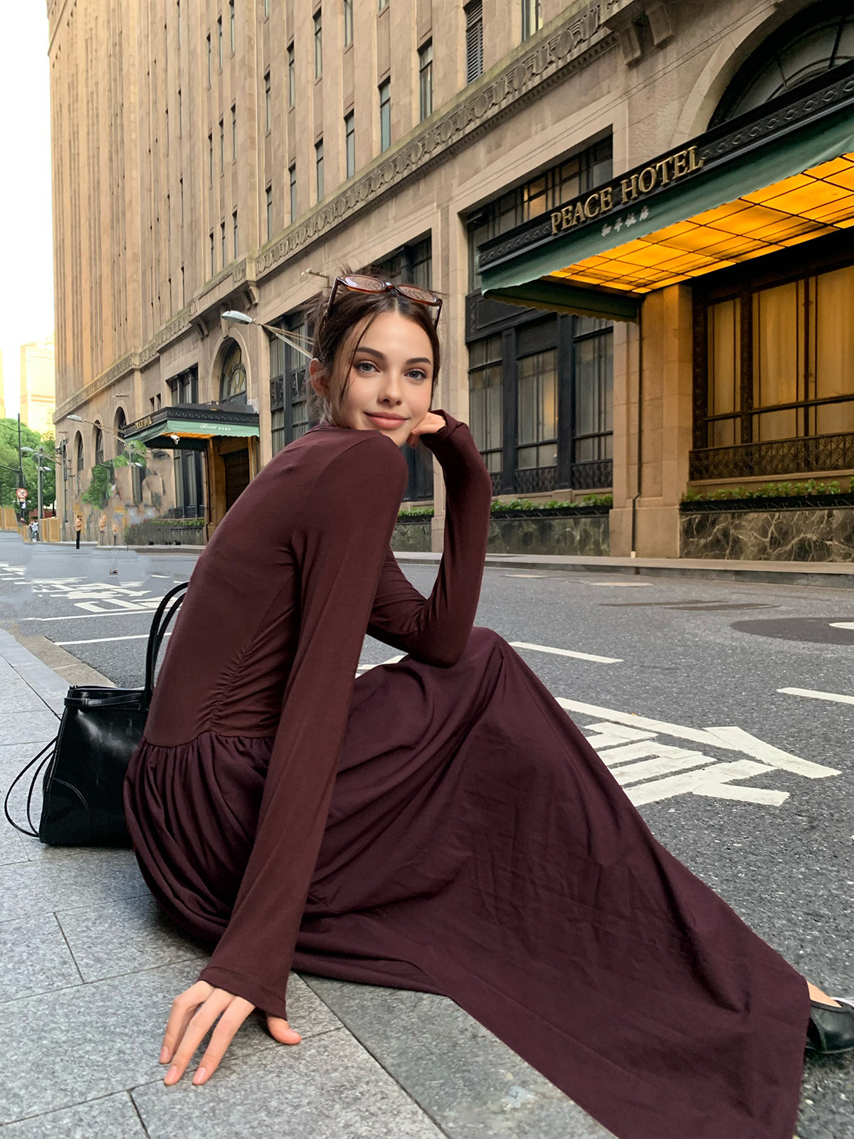 Plain Long Sleeve Pleated Dress-Mesadic
