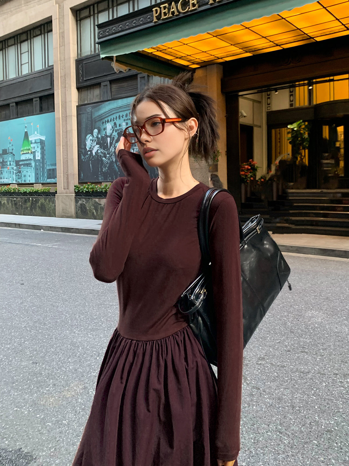 Plain Long Sleeve Pleated Dress-Mesadic