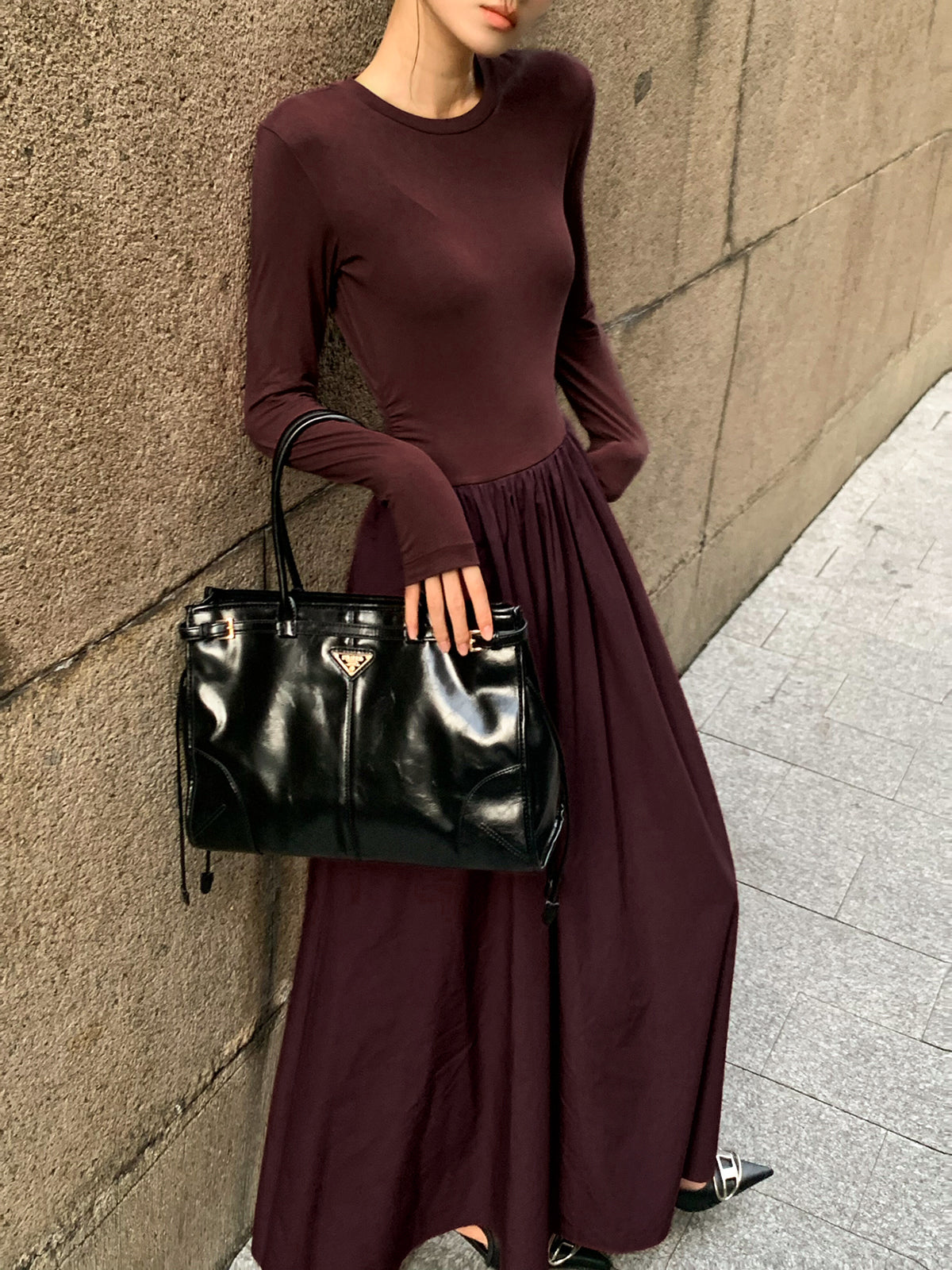Plain Long Sleeve Pleated Dress-Mesadic