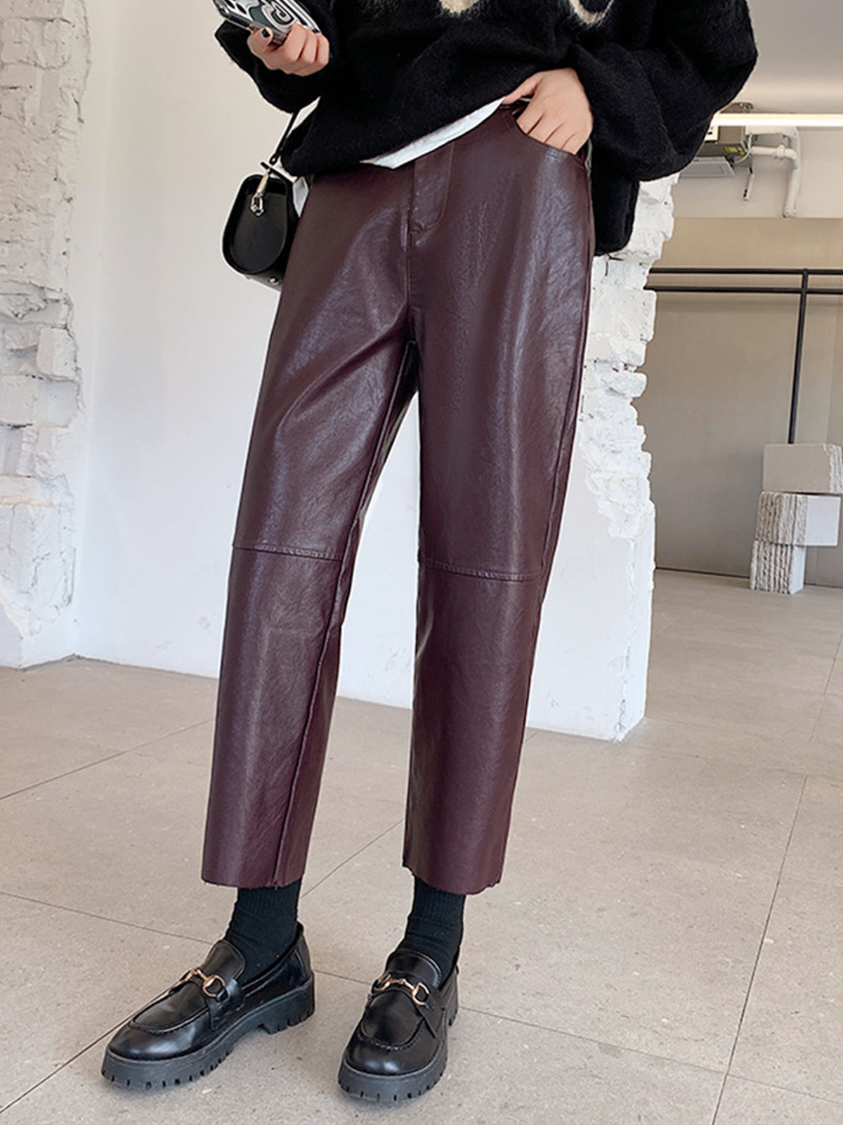 Faux Leather Cropped Pants-Mesadic