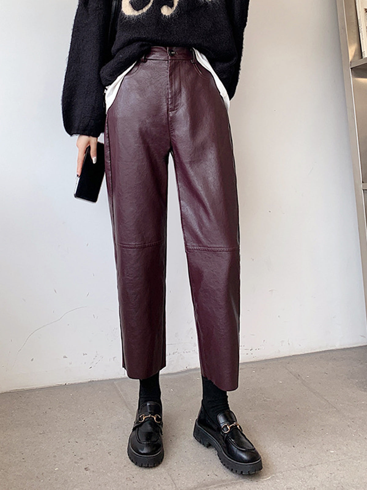 Faux Leather Cropped Pants-Mesadic