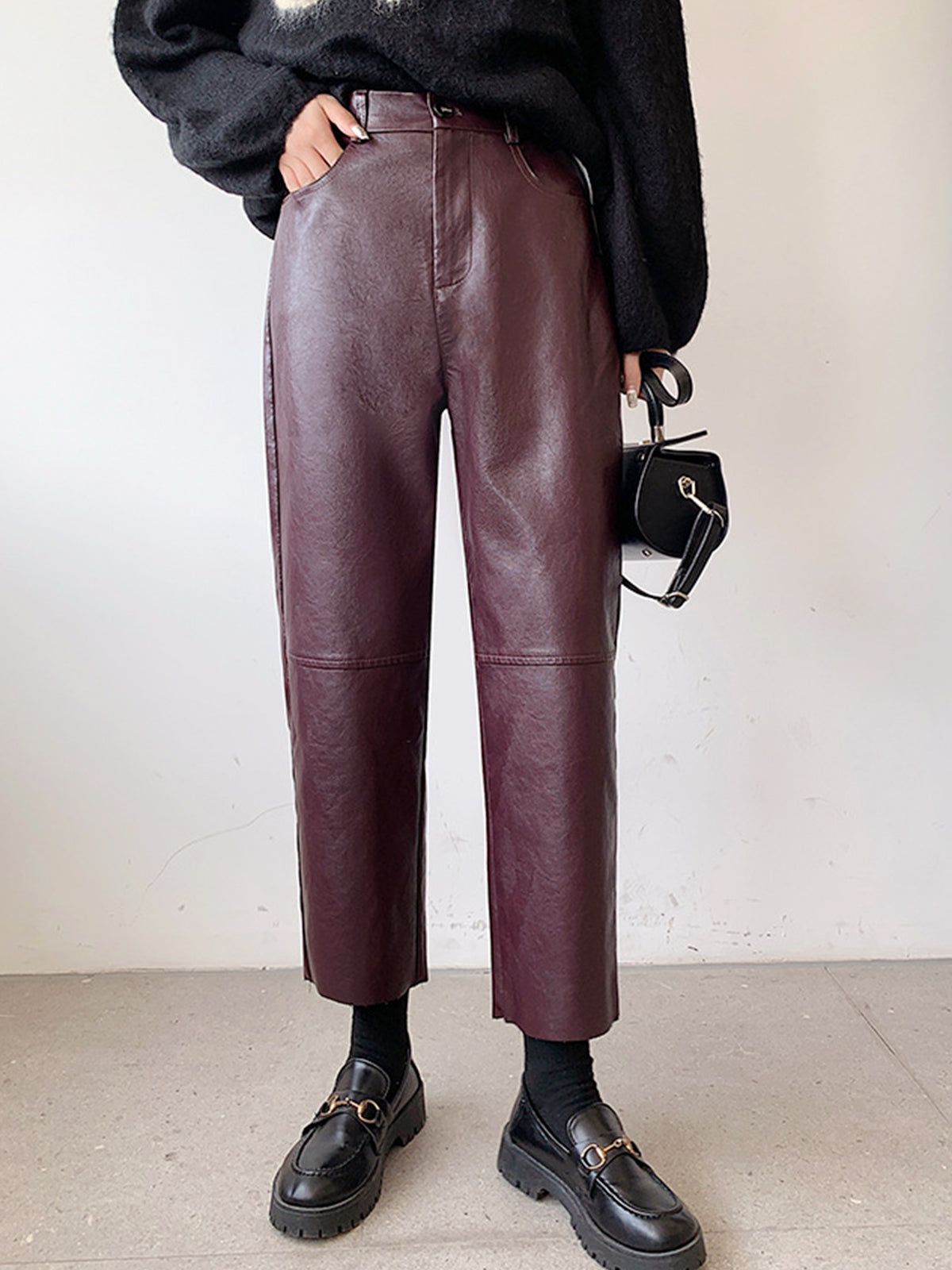 Faux Leather Cropped Pants-Mesadic