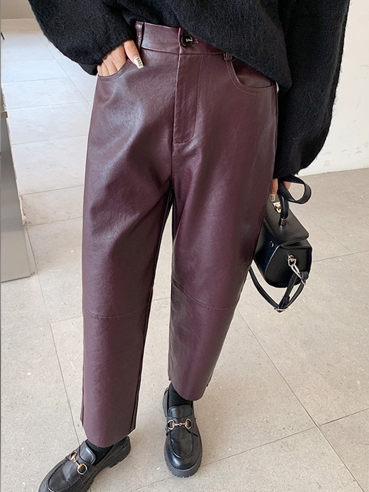 Faux Leather Cropped Pants-Mesadic