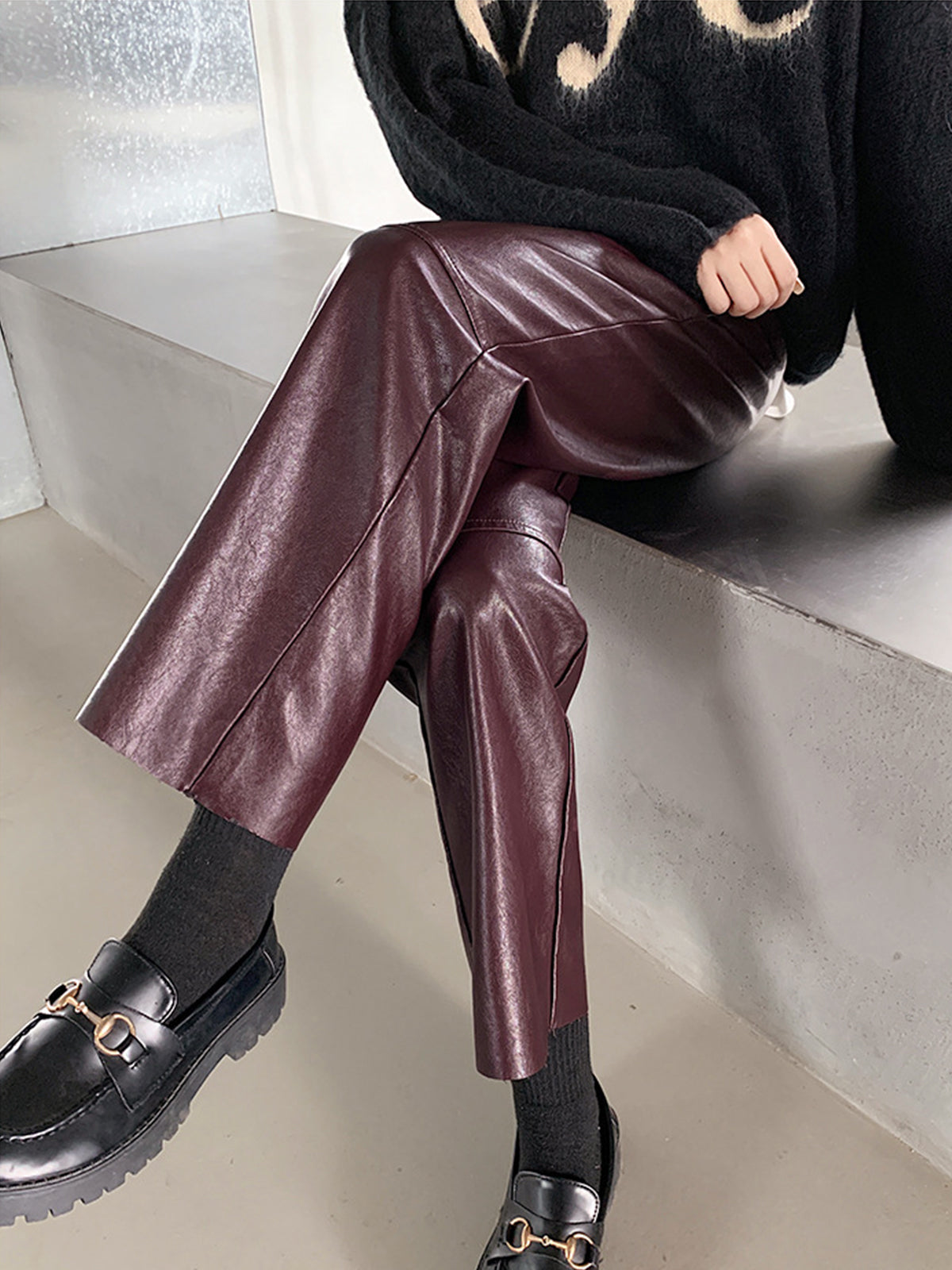 Faux Leather Cropped Pants-Mesadic