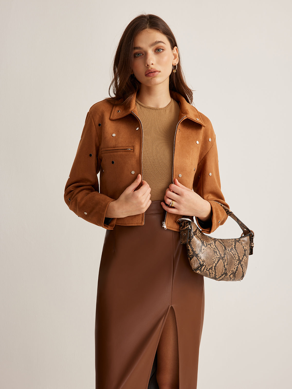 Studded Zipper Crop Jacket-Mesadic