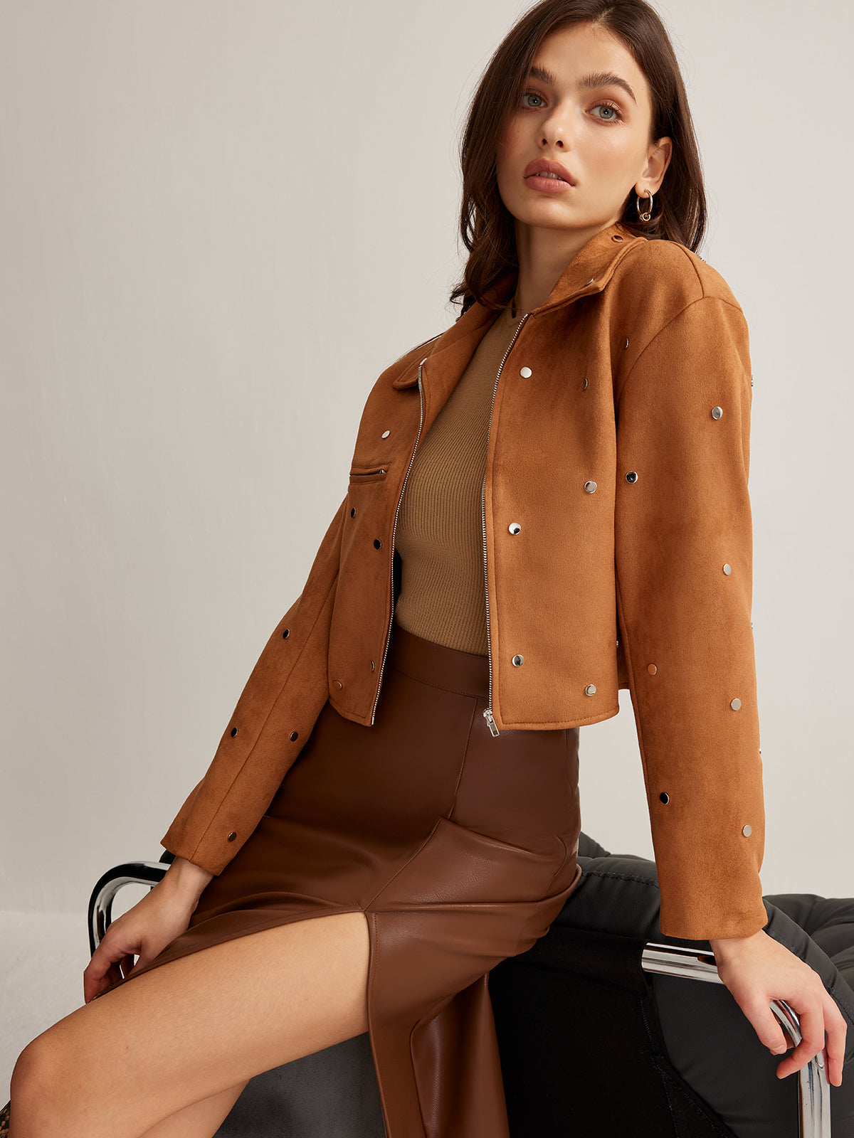 Studded Zipper Crop Jacket-Mesadic