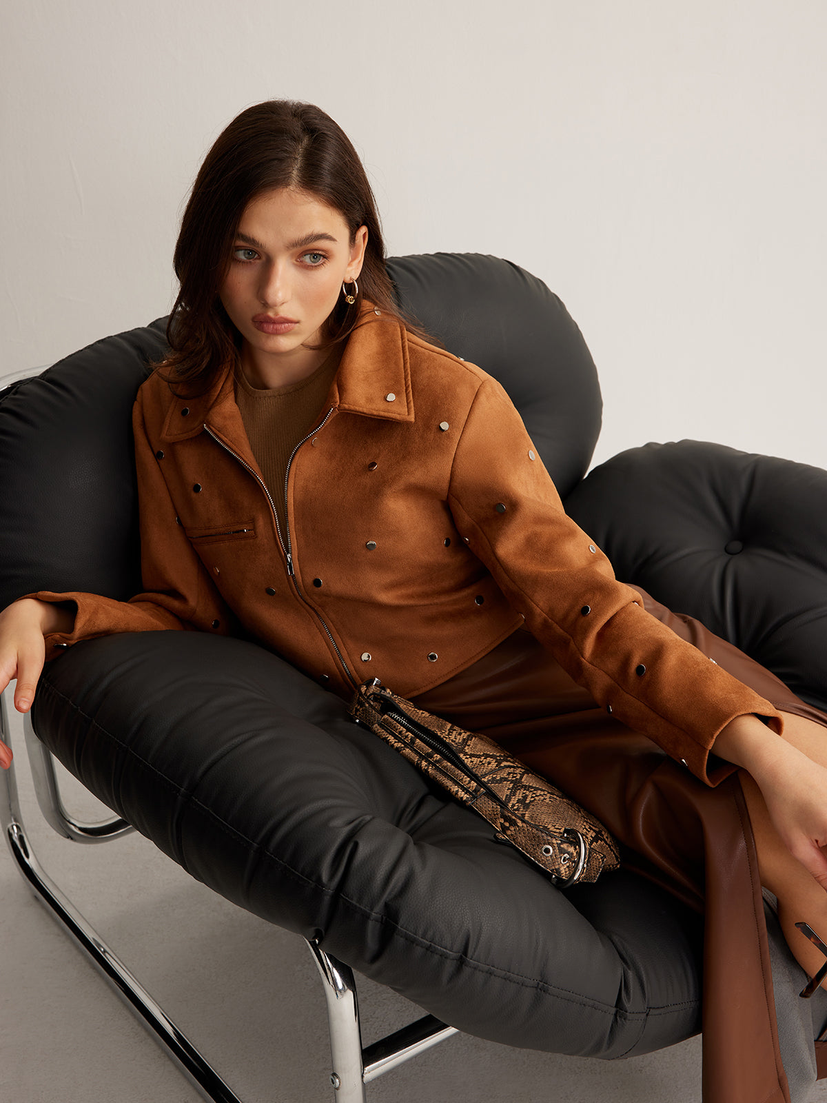 Studded Zipper Crop Jacket-Mesadic