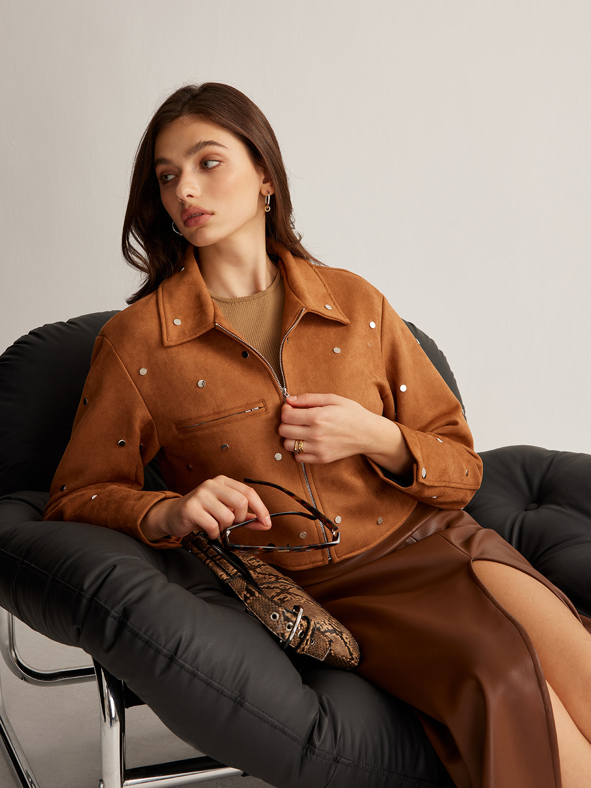 Studded Zipper Crop Jacket-Mesadic