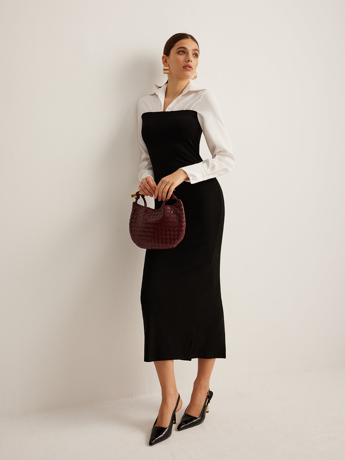 Color Block Skinny Lapel Dress-Trafni